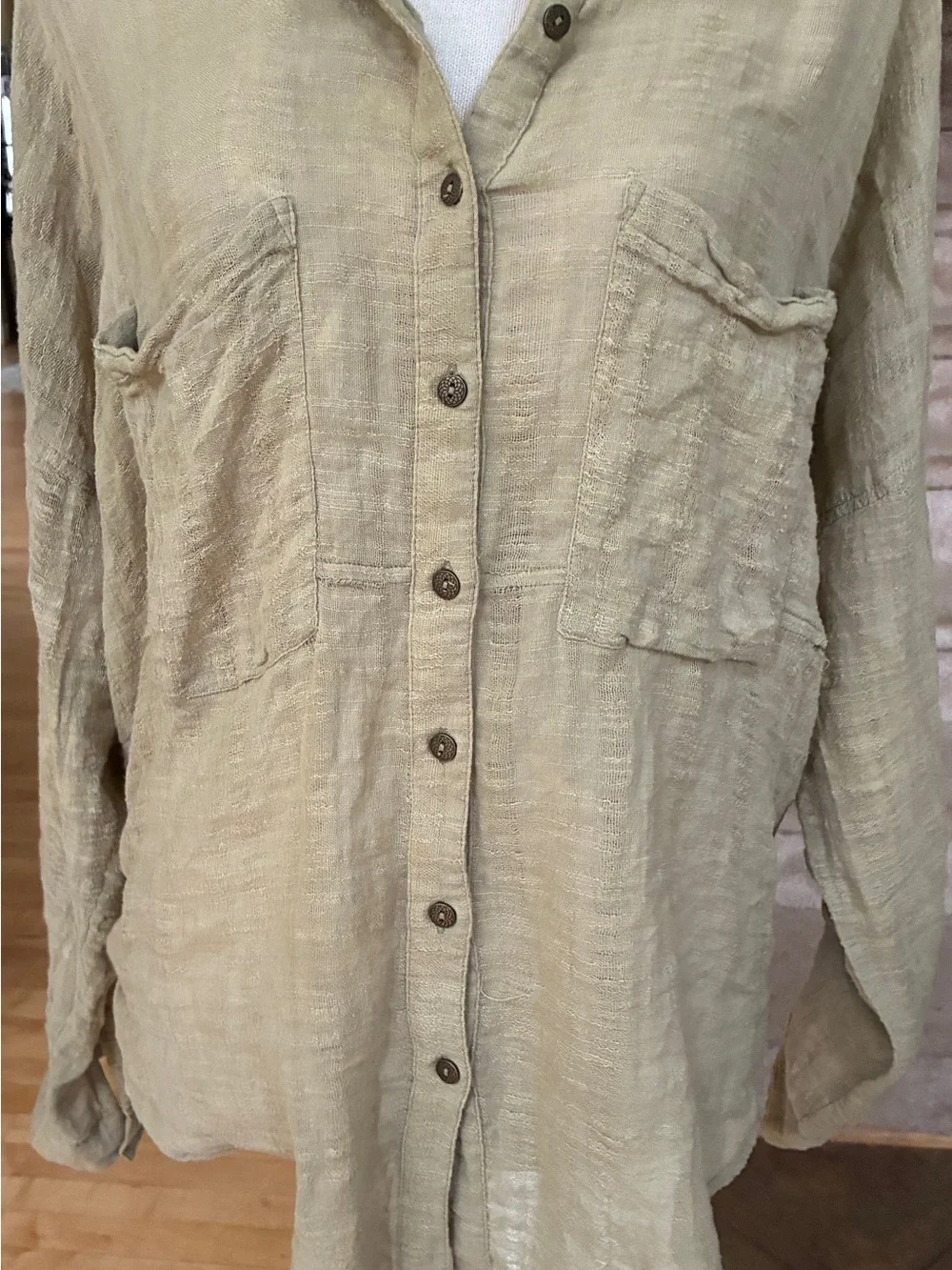 Free People Celery Green Textured Button-Down Shirt with tie back